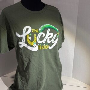 Gildan Olive Green 'One Lucky Teacher' Graphic Tee